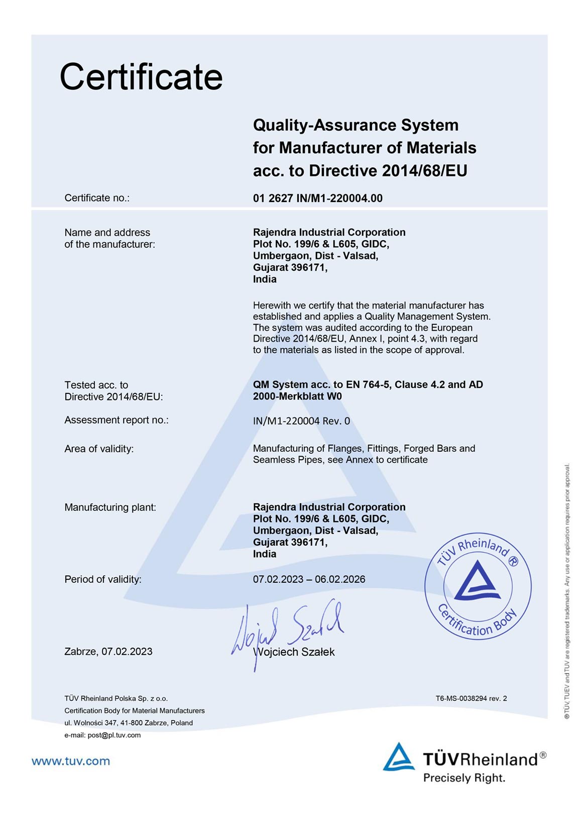 PED Certificate 2014-68-EU
